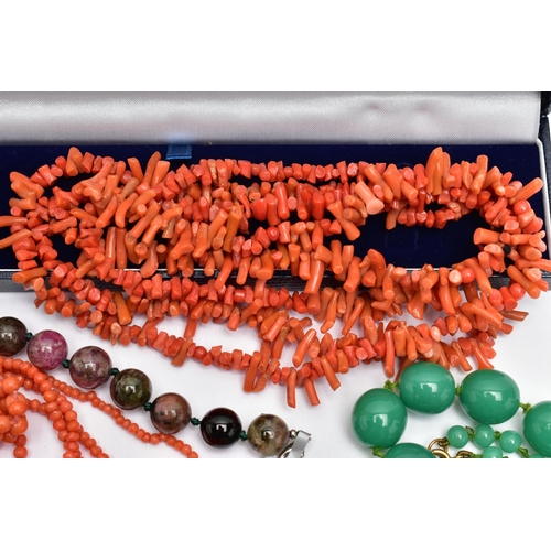 57 - FOUR SEMI-PRECIOUS BEAD NECKLACES AND TWO BRACELETS, to include a graduated carnelian bead necklace,... 