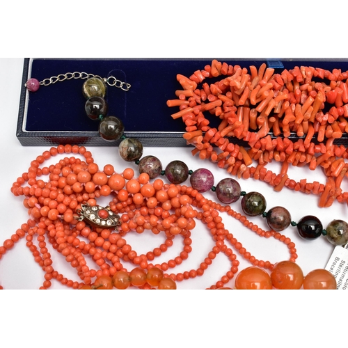 57 - FOUR SEMI-PRECIOUS BEAD NECKLACES AND TWO BRACELETS, to include a graduated carnelian bead necklace,... 