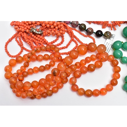 57 - FOUR SEMI-PRECIOUS BEAD NECKLACES AND TWO BRACELETS, to include a graduated carnelian bead necklace,... 