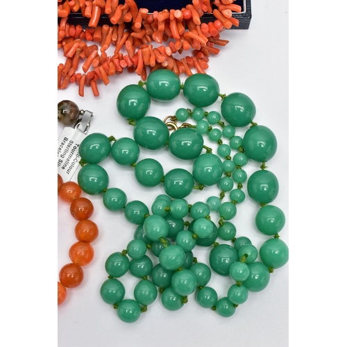 57 - FOUR SEMI-PRECIOUS BEAD NECKLACES AND TWO BRACELETS, to include a graduated carnelian bead necklace,... 