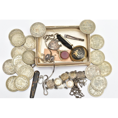 59 - A SMALL QUANTITY OF JEWELLERY AND HALF CROWN COINS, to include a circular tortoiseshell brooch detai... 