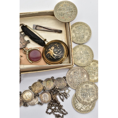 59 - A SMALL QUANTITY OF JEWELLERY AND HALF CROWN COINS, to include a circular tortoiseshell brooch detai... 