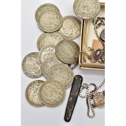 59 - A SMALL QUANTITY OF JEWELLERY AND HALF CROWN COINS, to include a circular tortoiseshell brooch detai... 