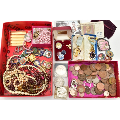 63 - A BOX OF ASSORTED ITEMS, to include two masonic medals, an assortment of pins and badges, a small se... 