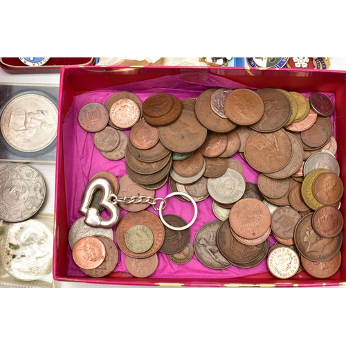 63 - A BOX OF ASSORTED ITEMS, to include two masonic medals, an assortment of pins and badges, a small se... 