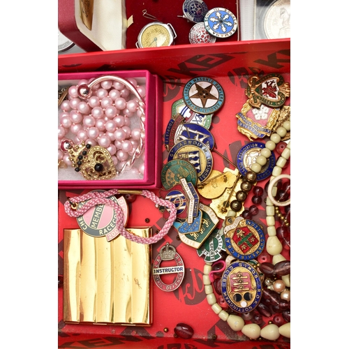 63 - A BOX OF ASSORTED ITEMS, to include two masonic medals, an assortment of pins and badges, a small se... 