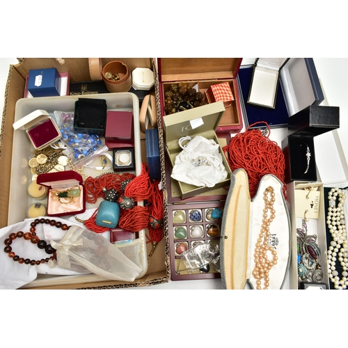 66 - A BOX OF ASSORTED COSTUME JEWELLERY, to include imitation pearl necklaces, a boxed white metal hinge... 