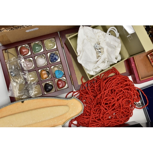 66 - A BOX OF ASSORTED COSTUME JEWELLERY, to include imitation pearl necklaces, a boxed white metal hinge... 