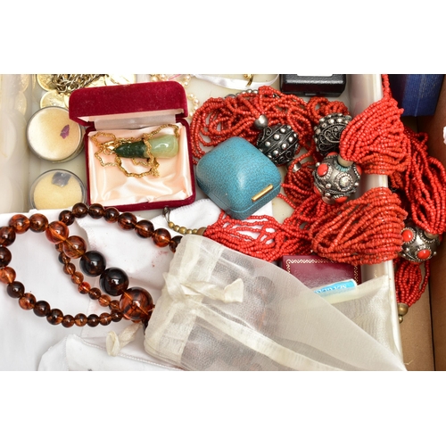 66 - A BOX OF ASSORTED COSTUME JEWELLERY, to include imitation pearl necklaces, a boxed white metal hinge... 