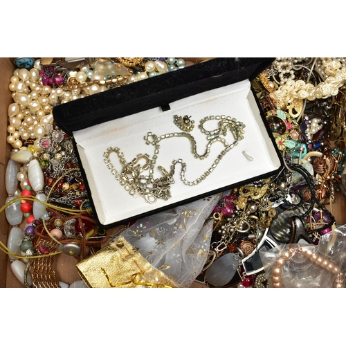 68 - A BOX OF ASSORTED COSTUME JEWELLERY, to include beaded necklaces, imitation pearl necklaces, bangles... 