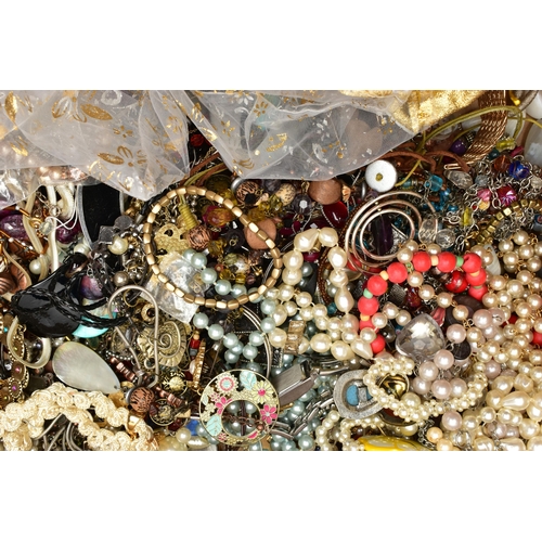 68 - A BOX OF ASSORTED COSTUME JEWELLERY, to include beaded necklaces, imitation pearl necklaces, bangles... 