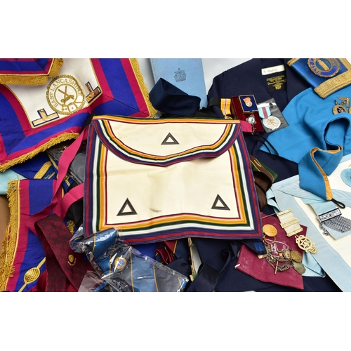 70 - A BOX OF MASONIC REGALIA, to include two silver gilt medallions, for the 'East and West Lancashire' ... 