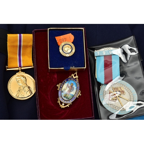 70 - A BOX OF MASONIC REGALIA, to include two silver gilt medallions, for the 'East and West Lancashire' ... 