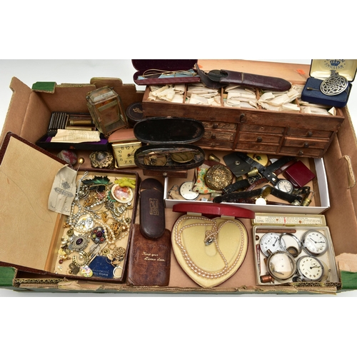 71 - A BOX OF ASSORTED ITEMS, to include a boxed double strand of Rosita imitation pearls, a quantity o... 