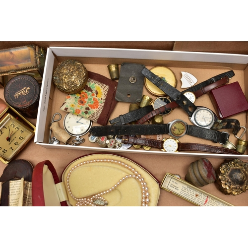 71 - A BOX OF ASSORTED ITEMS, to include a boxed double strand of Rosita imitation pearls, a quantity o... 