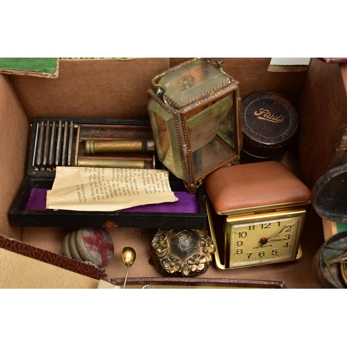 71 - A BOX OF ASSORTED ITEMS, to include a boxed double strand of Rosita imitation pearls, a quantity o... 