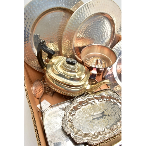 72 - A BOX OF ASSORTED WHITE METAL WARE, to include eight white metal plate coasters, two rectangular tra... 