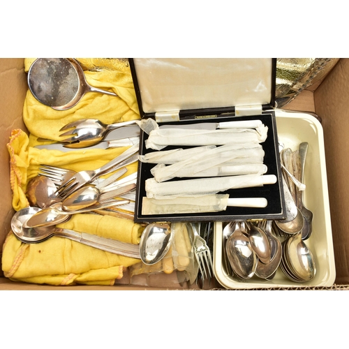 73 - A BOX OF ASSORTED CUTLERY AND TABLE WARE, to include a cased set of 'Firth' tea knives, sixteen plac... 