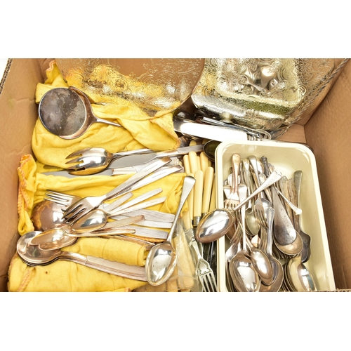 73 - A BOX OF ASSORTED CUTLERY AND TABLE WARE, to include a cased set of 'Firth' tea knives, sixteen plac... 