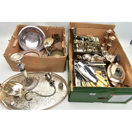 74 - TWO BOXES OF ASSORTED WHITE METAL WARE, to include a silver-plated three branch candlestick with rem... 