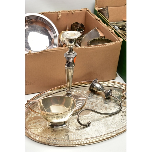 74 - TWO BOXES OF ASSORTED WHITE METAL WARE, to include a silver-plated three branch candlestick with rem... 