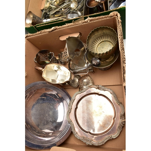 74 - TWO BOXES OF ASSORTED WHITE METAL WARE, to include a silver-plated three branch candlestick with rem... 