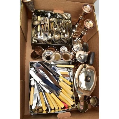 74 - TWO BOXES OF ASSORTED WHITE METAL WARE, to include a silver-plated three branch candlestick with rem... 