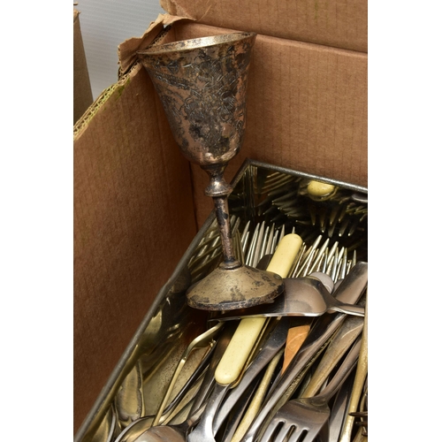 74 - TWO BOXES OF ASSORTED WHITE METAL WARE, to include a silver-plated three branch candlestick with rem... 