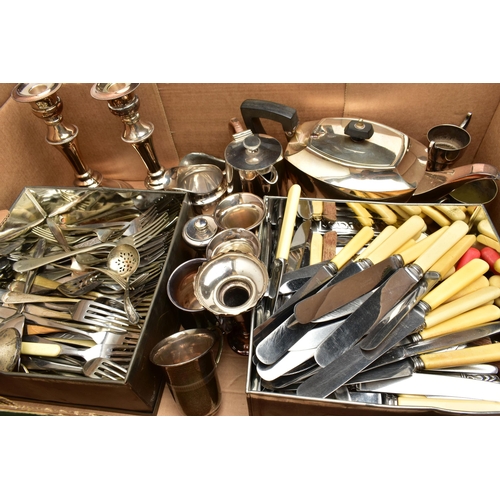 74 - TWO BOXES OF ASSORTED WHITE METAL WARE, to include a silver-plated three branch candlestick with rem... 