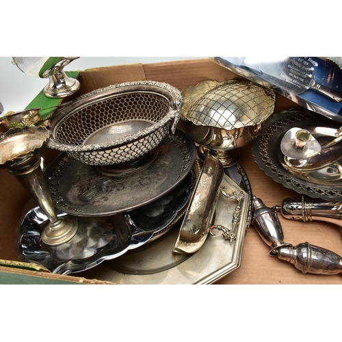 79 - A BOX OF ASSORTED WHITE METAL WARE, to include bowls, trays, rose bowl, butter dish with cover, suga... 