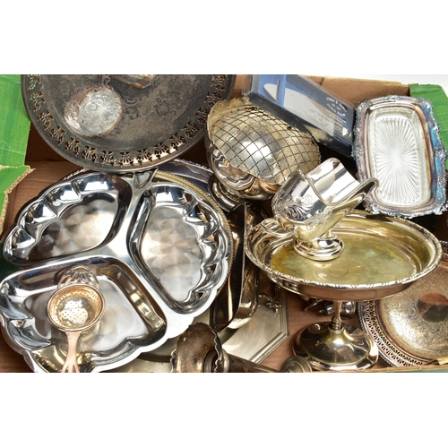 79 - A BOX OF ASSORTED WHITE METAL WARE, to include bowls, trays, rose bowl, butter dish with cover, suga... 