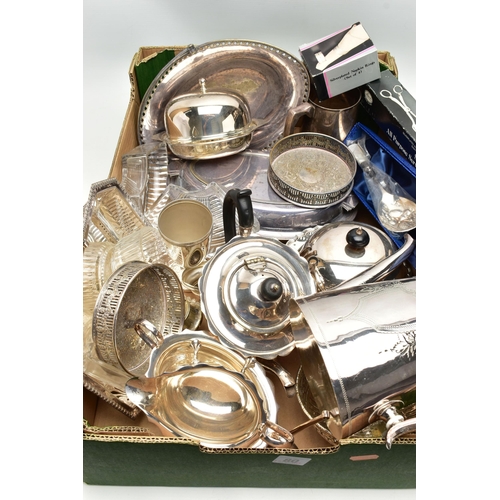 80 - A BOX OF ASSORTED WHITE  METAL WARE, to include an EPNA teapot, a three piece silver plated tea set ... 