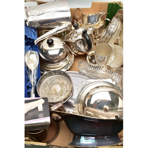 80 - A BOX OF ASSORTED WHITE  METAL WARE, to include an EPNA teapot, a three piece silver plated tea set ... 