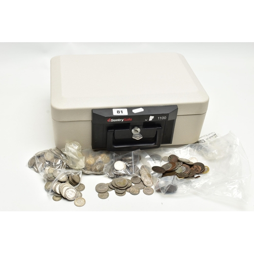 81 - A USA SENTRY SAFE 1100 (With Key) OF MIXED WORLD COINS, to include amounts of silver coins Zuid Afri... 