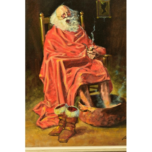 296 - DENIS EDWARD CARROLL (BRITISH 1931) 'CHRISTMAS MORNING', a depiction of Father Christmas soaking his... 