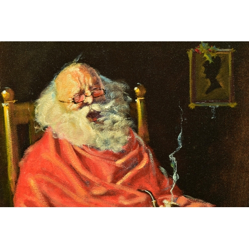 296 - DENIS EDWARD CARROLL (BRITISH 1931) 'CHRISTMAS MORNING', a depiction of Father Christmas soaking his... 