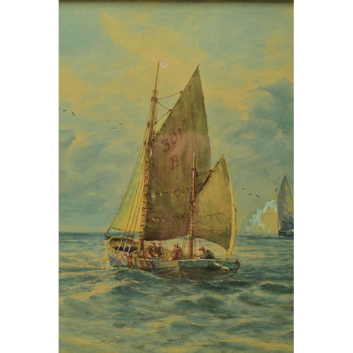 298 - JOHN WILTON ADCOCK (1863-1930) A FISHING BOAT SETTING SAIL FOR OPEN SEAS, signed bottom left, waterc... 