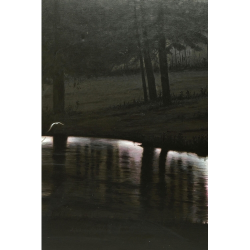 299 - JOHN MOULD (BRITISH 1958) 'BLACK AND LIGHT No5', a moonlight water landscape with silhouetted trees ... 