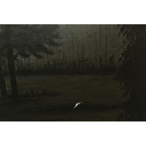 299 - JOHN MOULD (BRITISH 1958) 'BLACK AND LIGHT No5', a moonlight water landscape with silhouetted trees ... 