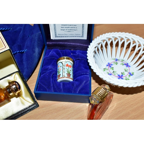 317 - A HEREND PORCELAIN BASKET, A HALCYON DAYS ENAMEL BOX, AND TWO PERFUME BOTTLES, comprising a Herend r... 