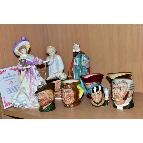 319 - A GROUP OF ROYAL DOULTON FIGURINES AND CHARACTER JUGS, comprising Lily, Lady Doulton 1995 HN3626, 'i... 