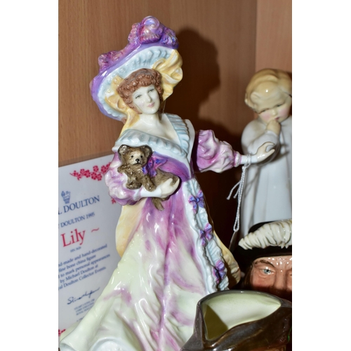 319 - A GROUP OF ROYAL DOULTON FIGURINES AND CHARACTER JUGS, comprising Lily, Lady Doulton 1995 HN3626, 'i... 