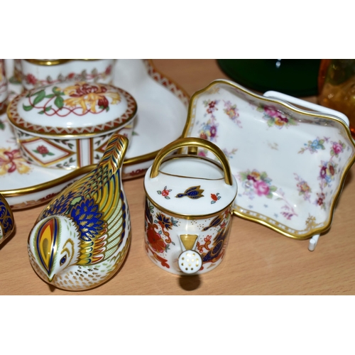 321 - A GROUP OF ROYAL CROWN DERBY, comprising a miniature garden roller, height 9.5cm, and watering can, ... 