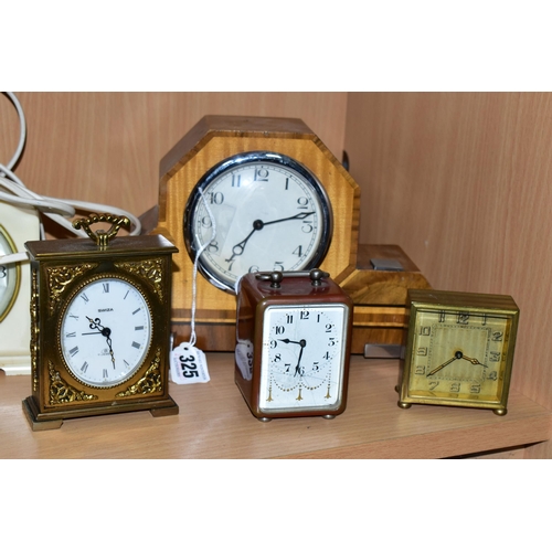 325 - ELEVEN ASSORTED CLOCKS, of various styles and materials, to include desk clocks, mantel clocks and o... 