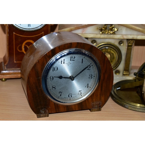 325 - ELEVEN ASSORTED CLOCKS, of various styles and materials, to include desk clocks, mantel clocks and o... 