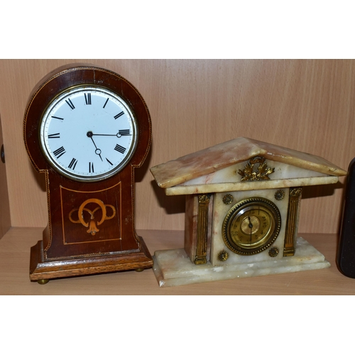 325 - ELEVEN ASSORTED CLOCKS, of various styles and materials, to include desk clocks, mantel clocks and o... 