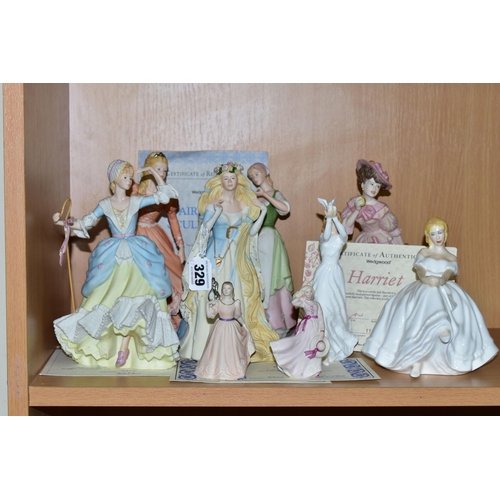 329 - A GROUP OF FIGURINES, comprising Wedgwood for Danbury Mint 'Fairy Tale Sculptures' Rapunzel (tiny cr... 