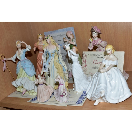 329 - A GROUP OF FIGURINES, comprising Wedgwood for Danbury Mint 'Fairy Tale Sculptures' Rapunzel (tiny cr... 