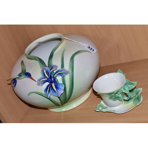 331 - THREE PIECES OF FRANZ PORCELAIN, comprising a bulbous vase in the Humming Bird pattern FZ00128, appr... 