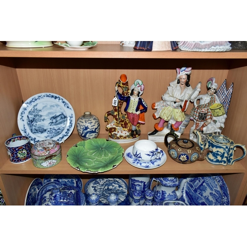 332 - A GROUP OF NINETEENTH CENTURY CERAMICS, ETC, to include a Staffordshire flatback vase depicting a sh... 